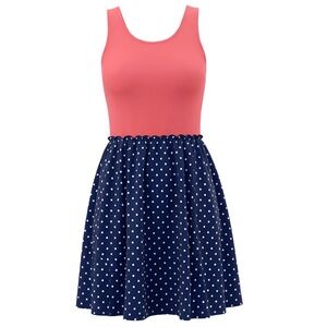 Girls Coral Tank Sundress With Polka Dot Navy/White Skirt Med 7-8 Preowned